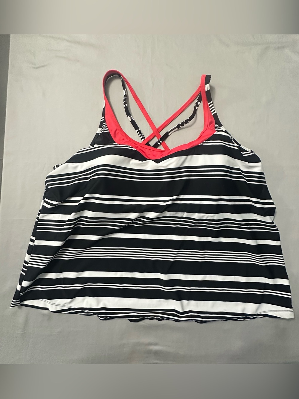 South Point Swimwear Womens 24W Tankini Top Black White Striped Coral Crossback